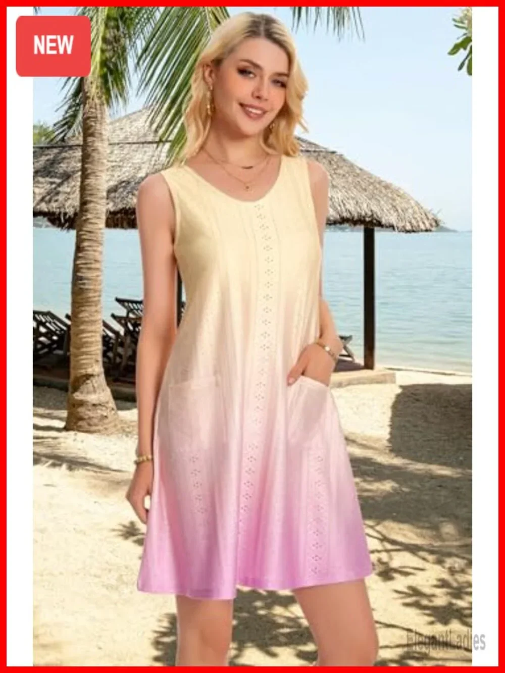 Eyelet Swim Coverup Sundress with Pockets Loose Fit V-Neck